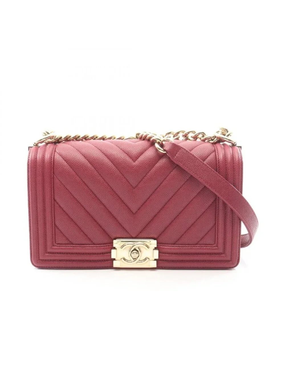 Chanel Shoulder Bag Boy Wine Red Caviar Leather Boy Stitch Chain